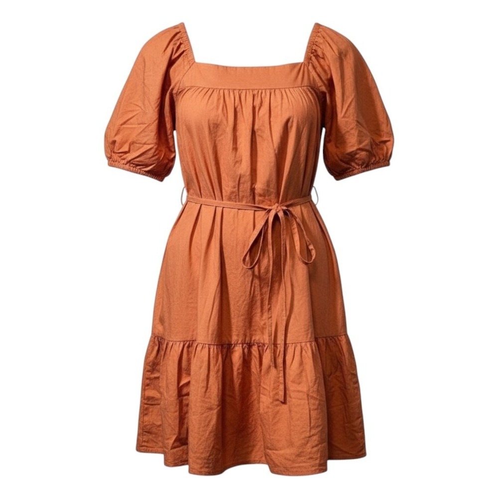 Mango MNG Womens Dress Tiered Puff Sleeve Square Neck 4 Rust Orange Cottagecore
